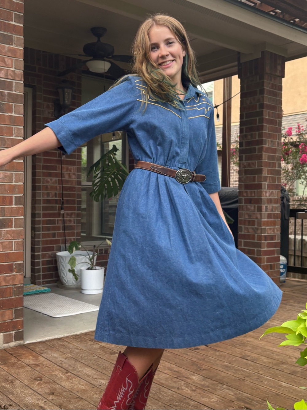 Vtg Willi denim western shirt dress P/SM gold rope embroidery USA rockabilly